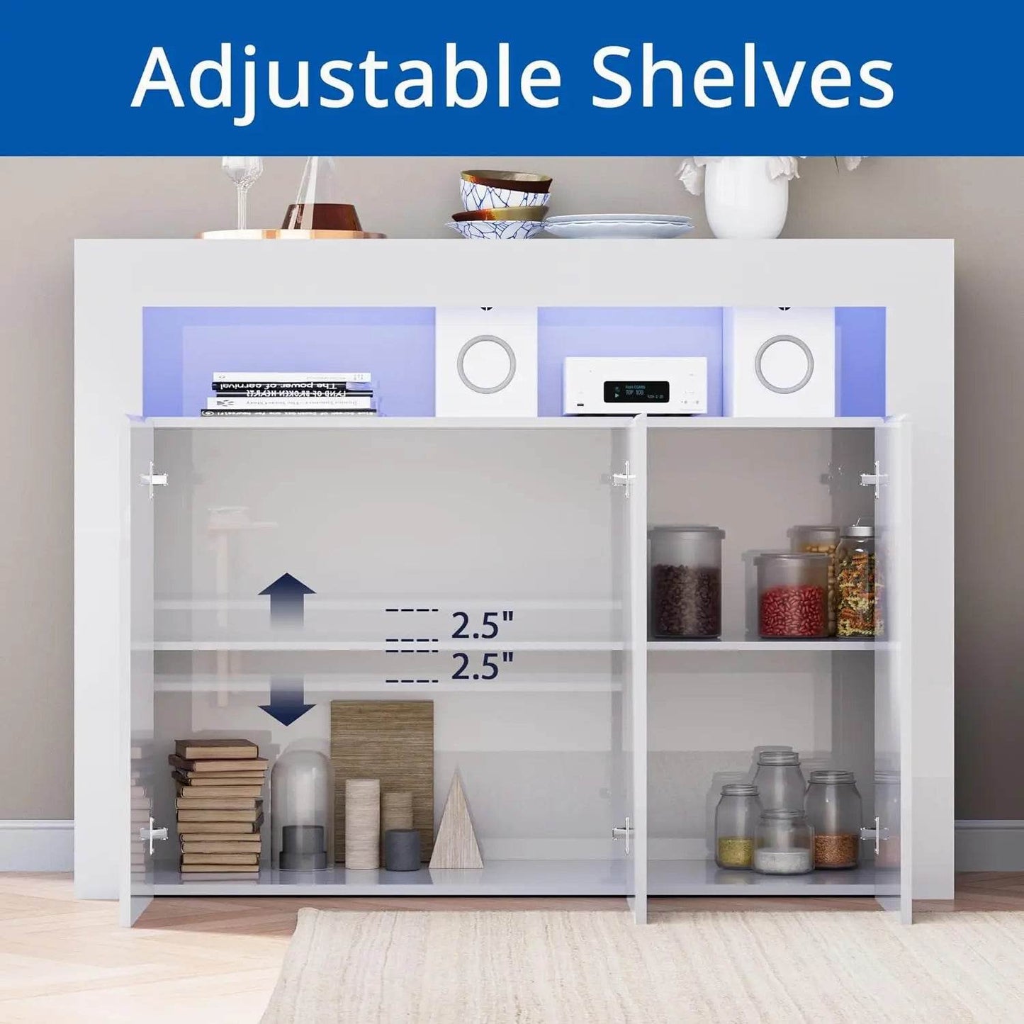 High Glossy Sideboard Modern White Buffet Cabinet with LED Lights - Loft&Timber