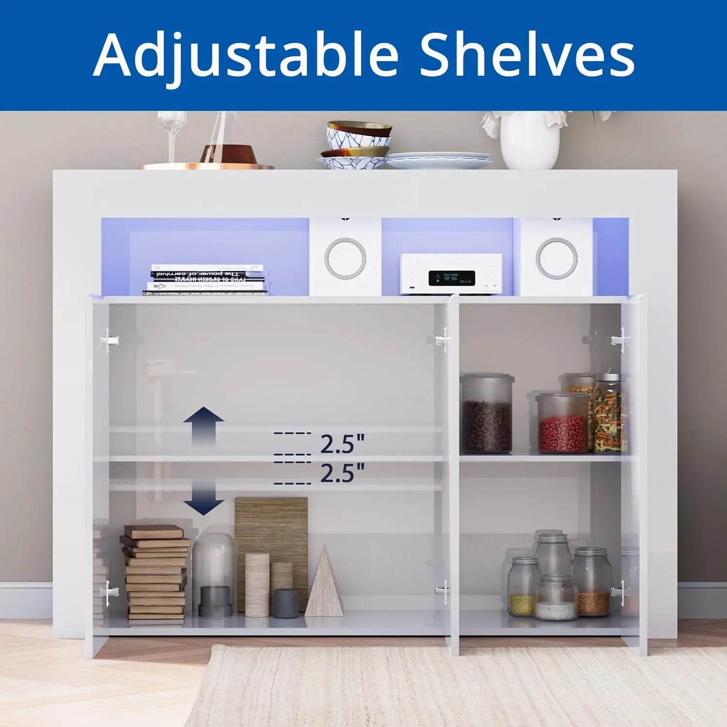 High Glossy Sideboard Modern White Buffet Cabinet with LED Lights - Loft&Timber