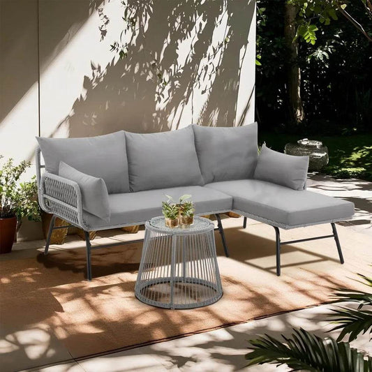 3-Piece Outdoor Patio Furniture Set, L-Shaped Rattan Sectional Sofa with Thick Cushions - Loft&Timber