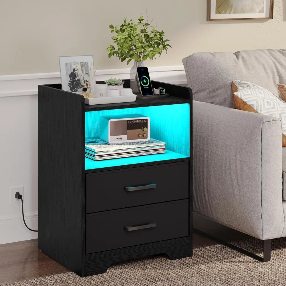 Night Stand Set of 2 with LED Lights and Charging Station, Modern Bedside End Table with 2 Fabric Storage Drawers, Black