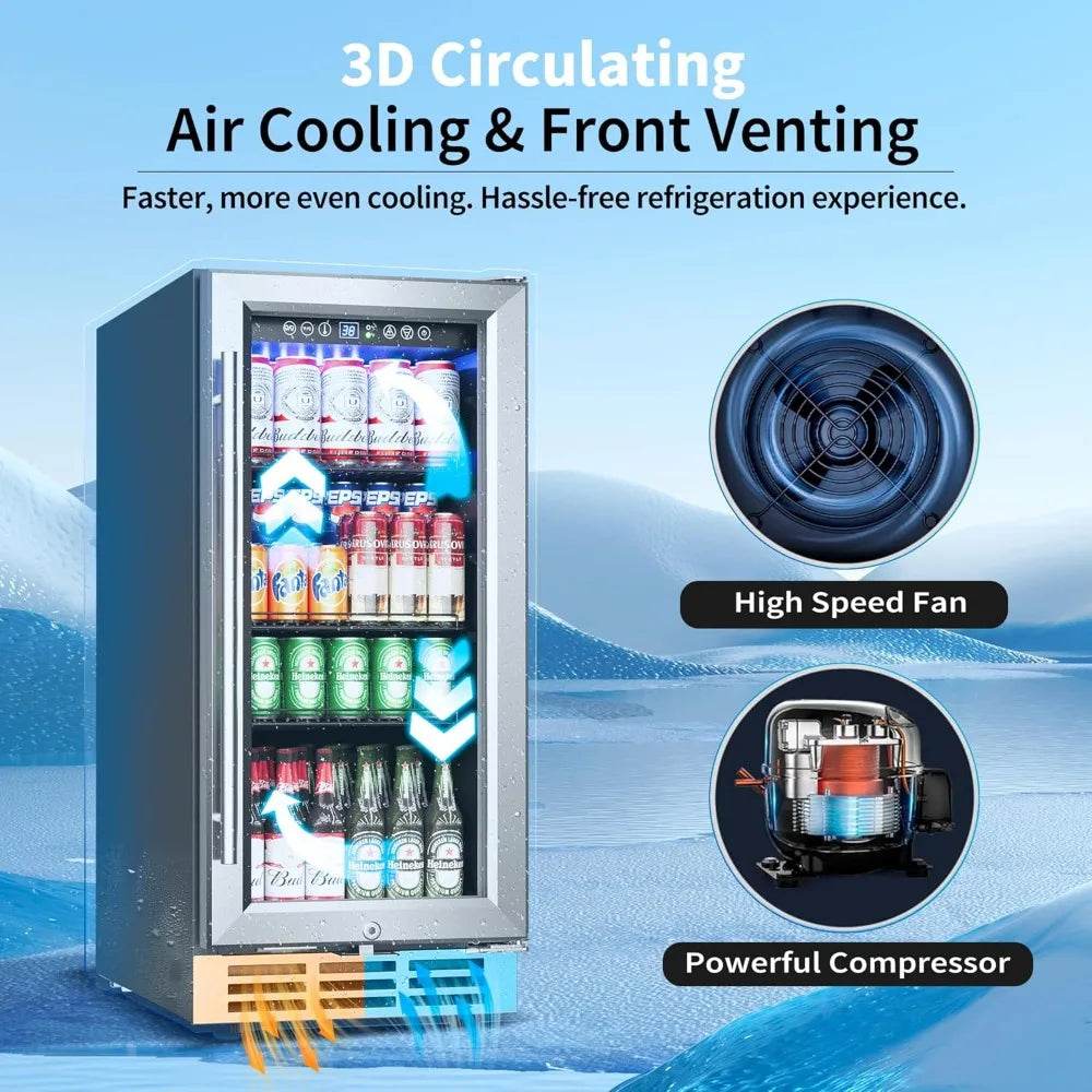 15 Inch Beverage Refrigerator Under Counter - 126 Cans Beverage Fridge with Glass Door for Beer Wine Soda - Built-in