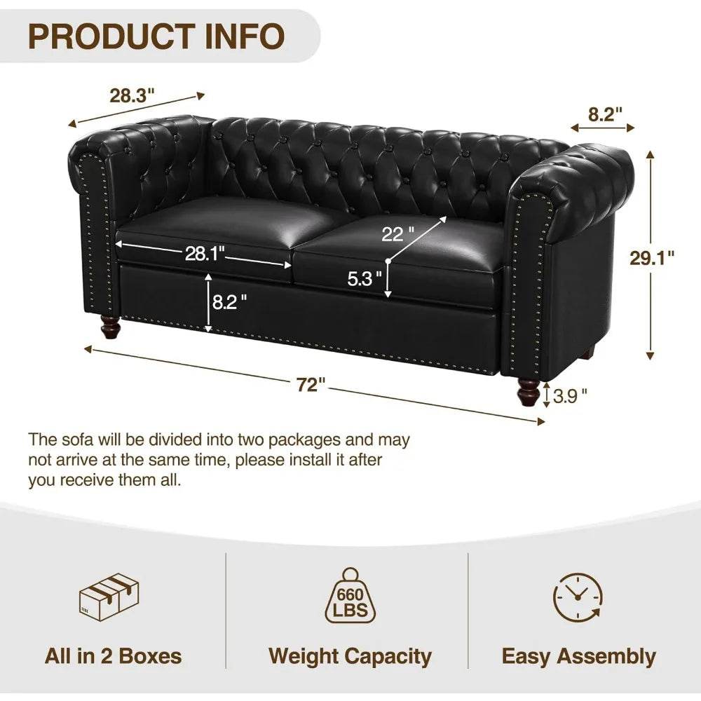 72 Inch Black Sofa, Chesterfield Faux Leather Couch with Wooden Legs - Loft&Timber
