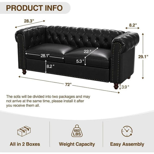 72 Inch Black Sofa, Chesterfield Faux Leather Couch with Wooden Legs - Loft&Timber