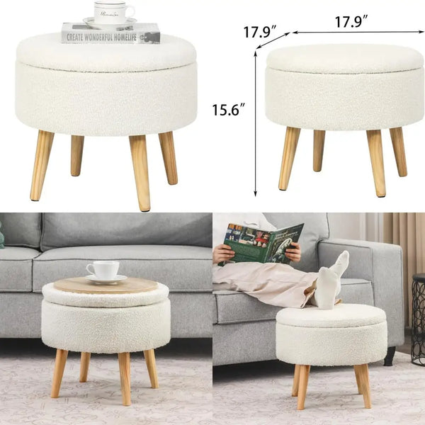 Cream White Storage Ottoman with Removable Tray, Teddy Velvet Upholstered Round Ottoman