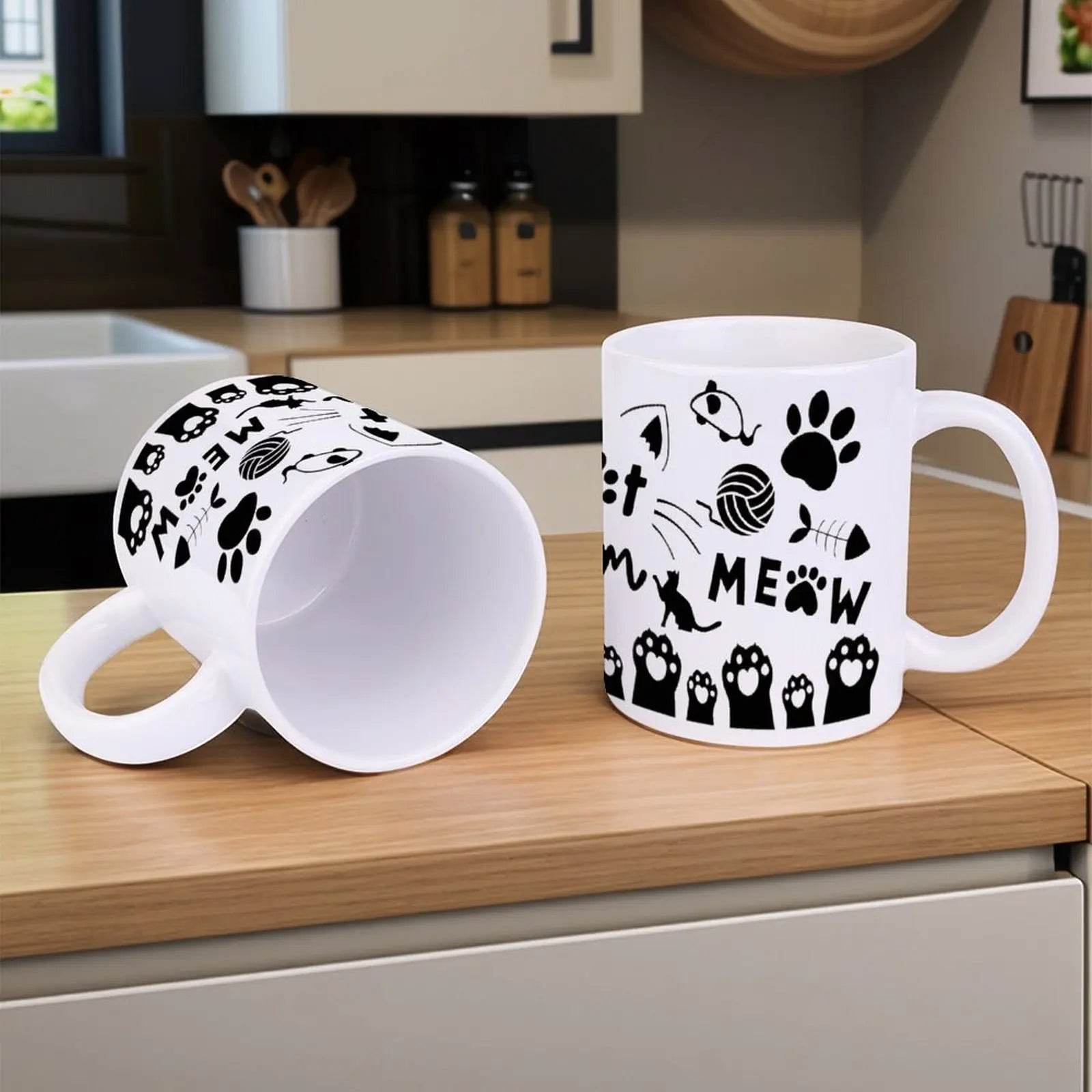 Silhouette Of A Cat's Paw Prints With The Words Meow Cat Mom Meow White Ceramic Sublimation Cups, 11oz Mugs - Loft&Timber