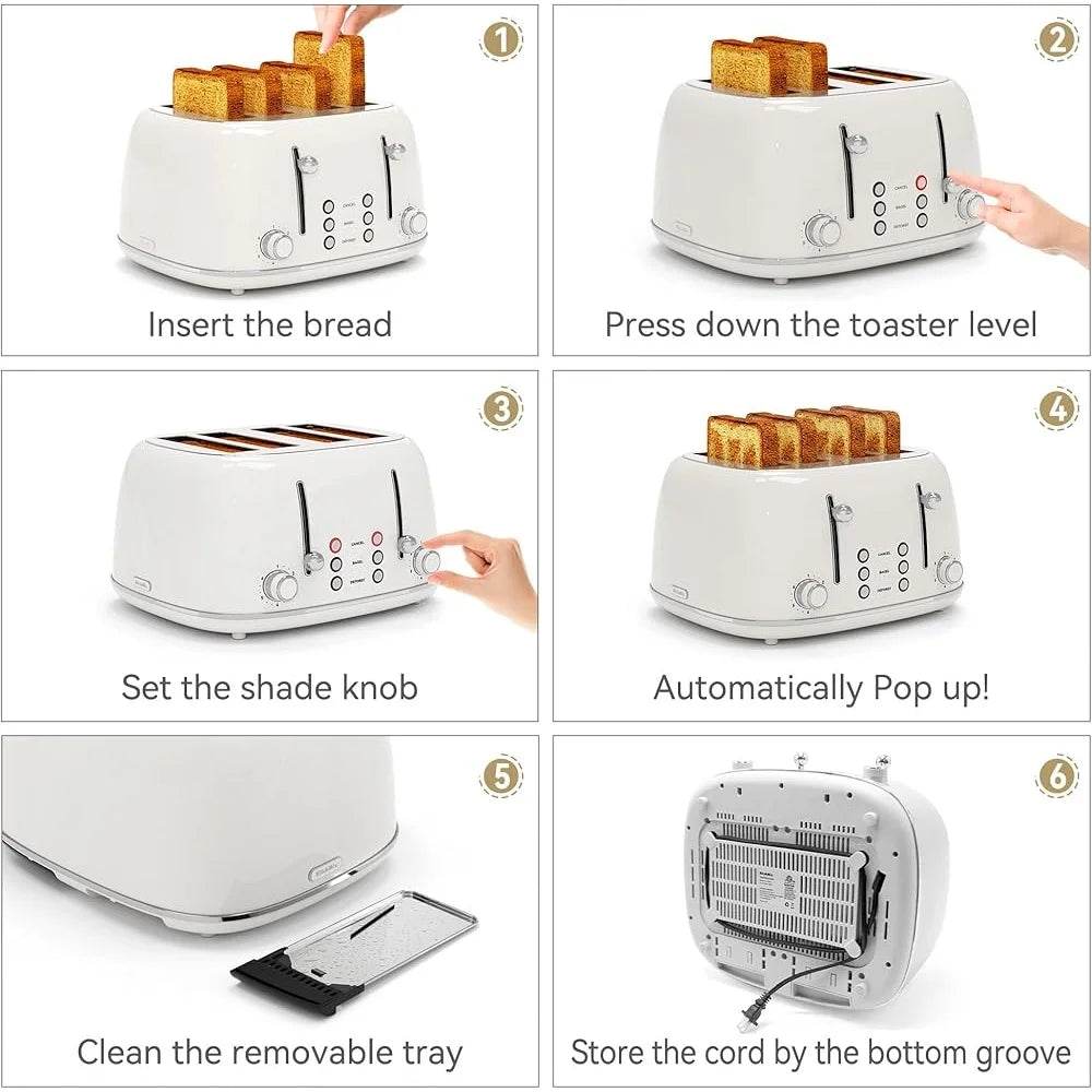 4 Slice Retro Stainless Steel Toaster with 6 Levels