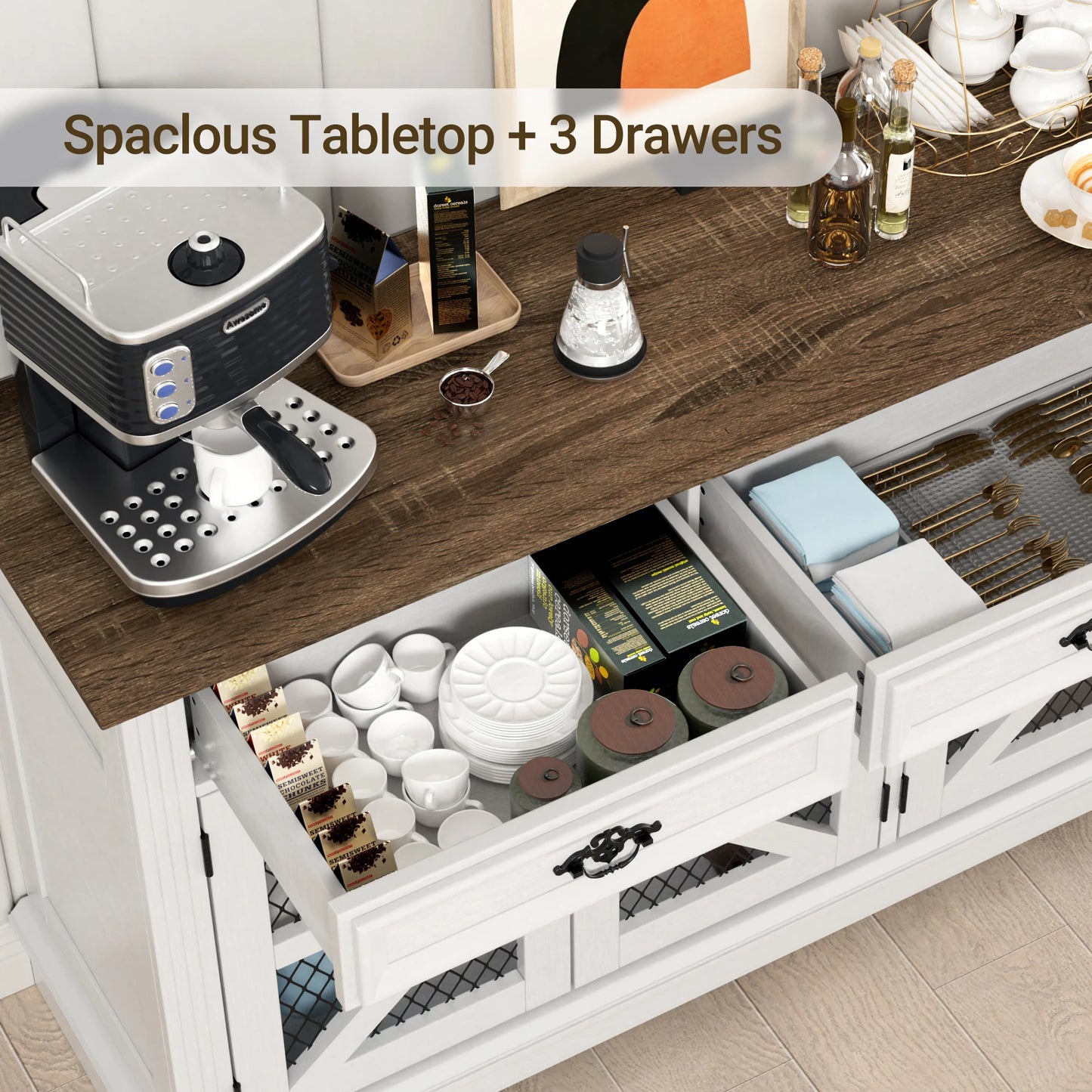 ZBOM 63" Farmhouse Buffet Sideboard Cabinet with 3 Drawers and Charging Station - Loft&Timber