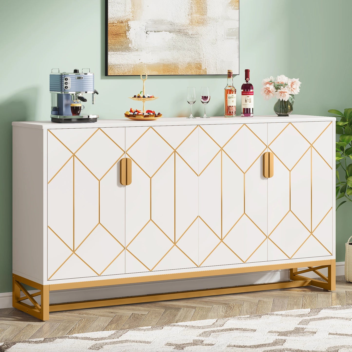 Tribesigns 59" White Gold Buffet Cabinet with Storage - Loft&Timber
