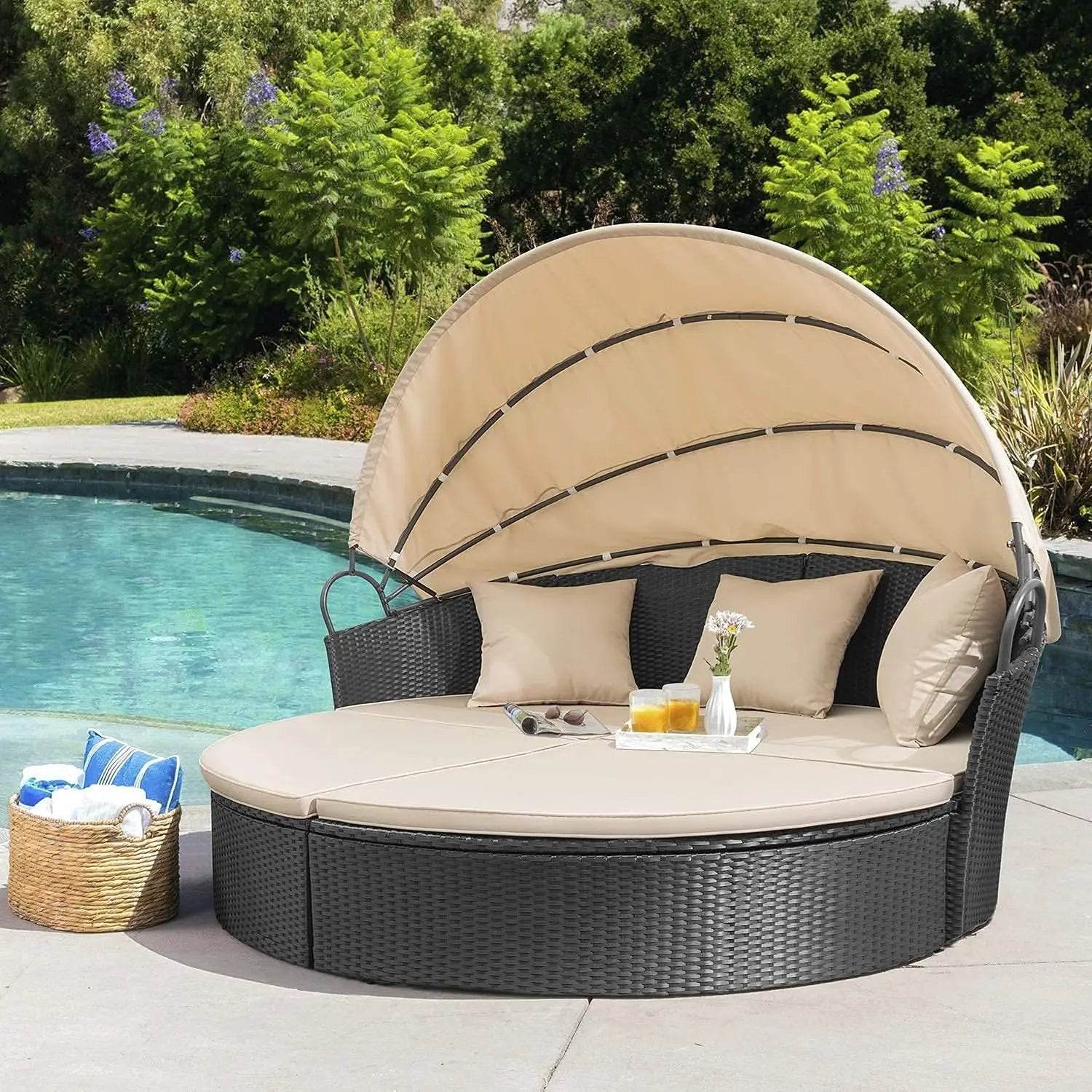 Patio Outdoor Daybed with Retractable Canopy Rattan Wicker Seating - Loft&Timber