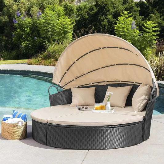 Patio Outdoor Daybed with Retractable Canopy Rattan Wicker Seating - Loft&Timber