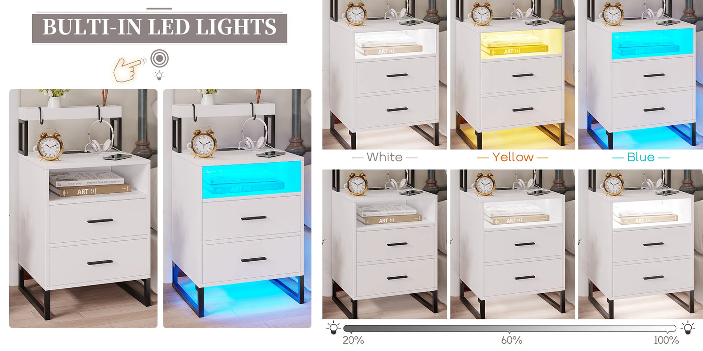 JDPAG  Auto LED Nightstand with Wireless Charging Station & USB Ports,High Gloss Bedside Tables with 2 Drawers