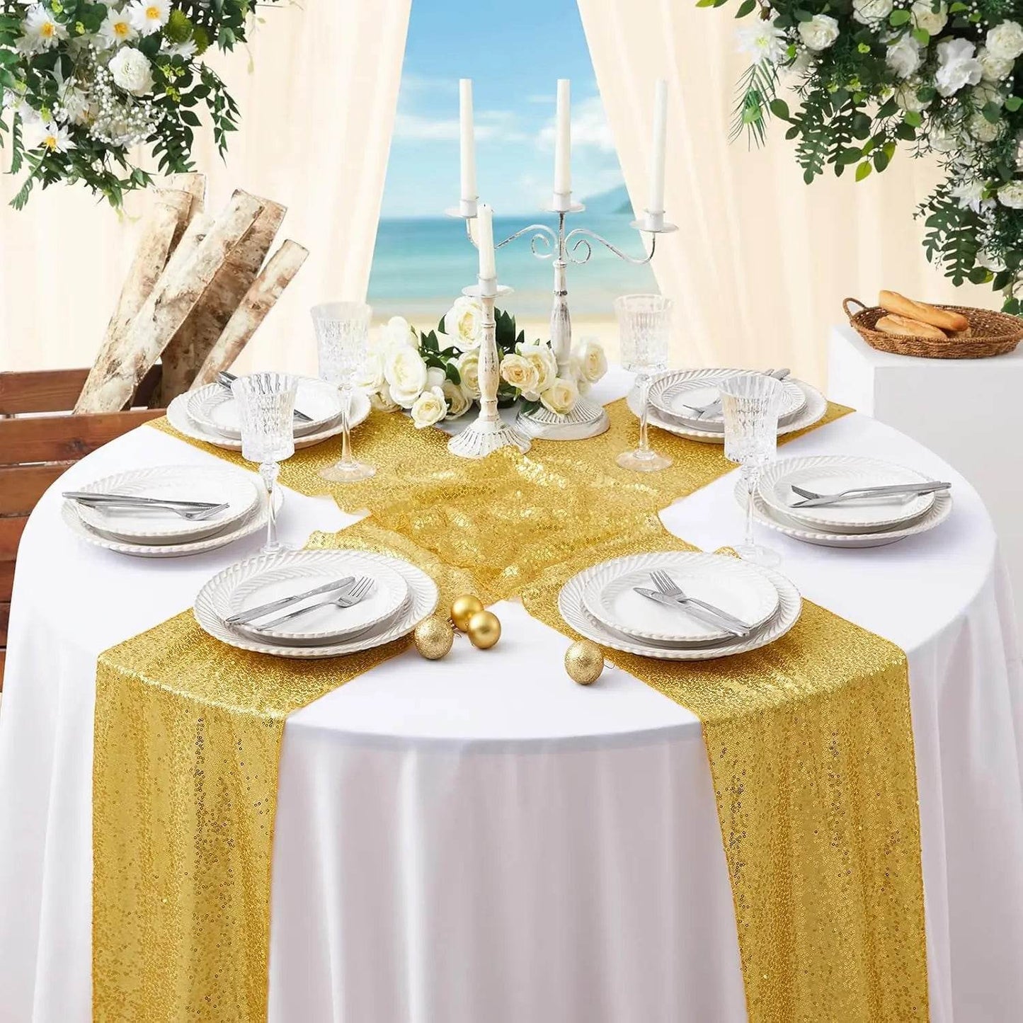Gold Sequin Table Runners 12 x 72 inch, 16 Pack Glitter Fabrici - Loft&Timber