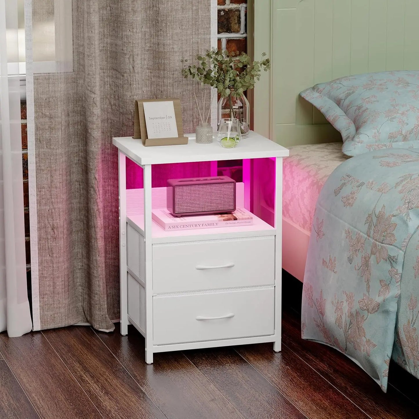 Nightstand Set of 2 Night Stand with Charging Station, LED Nightstand with Fabric Drawers, End Table with PU Finish, Bed Side Ta