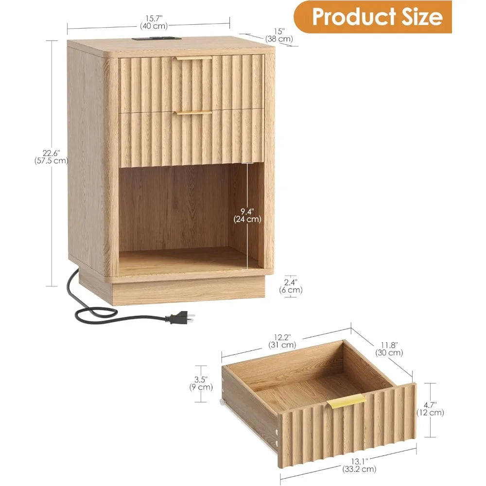 Fluted Nightstands Set of 2 with Charging Station, 15.7" Wide 2 Storage Drawers End Table with LED Light, Curved Profile