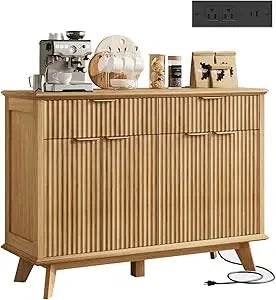 Sideboard Buffet Cabinet with Charging Station (2 Drawer, Natural Oak) - Loft&Timber