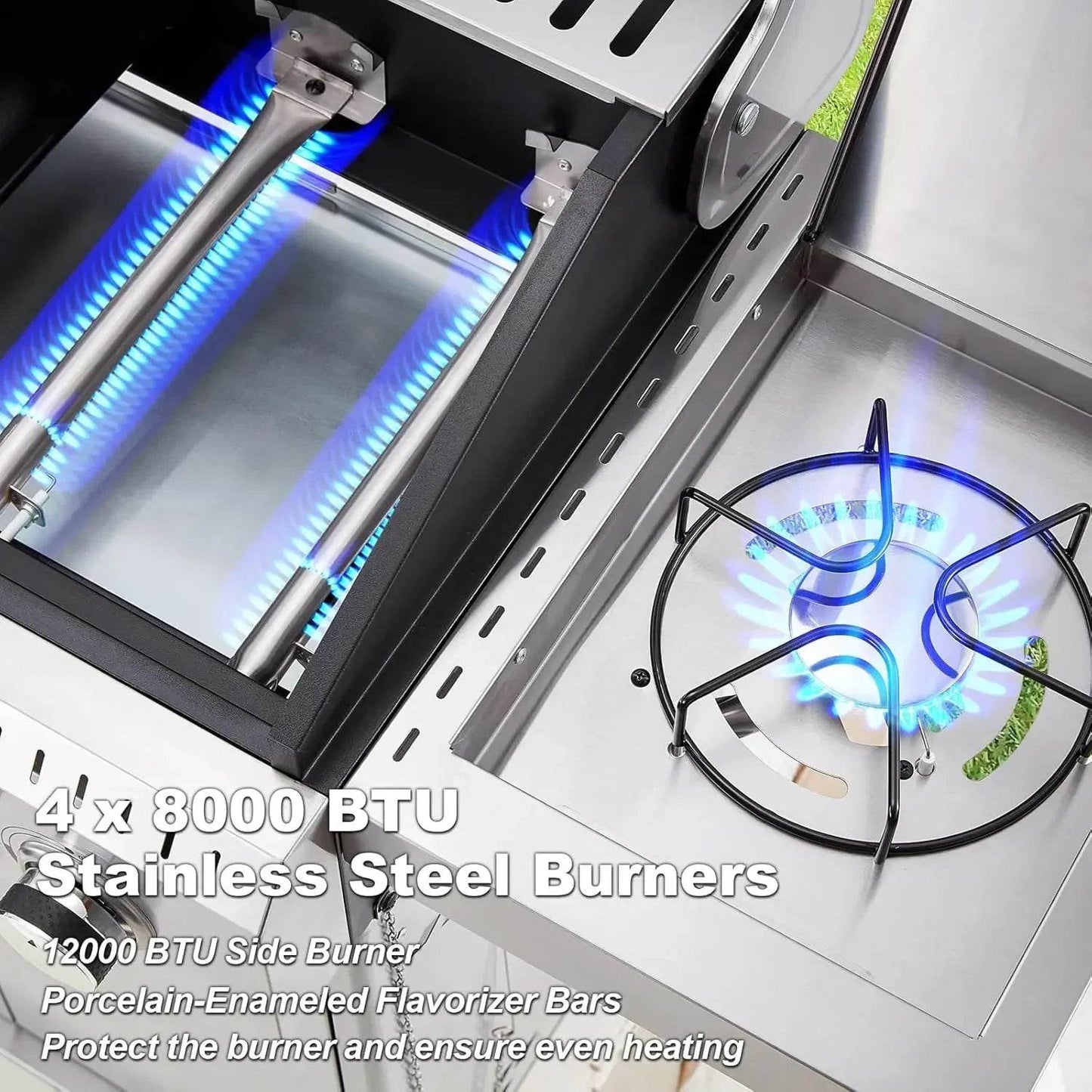 Stainless Steel 4 Burner BBQ Propane Gas Grill with Cast Iron Grates & Side Stove, Stainless Steel 44000 BTU Burner - Loft&Timber