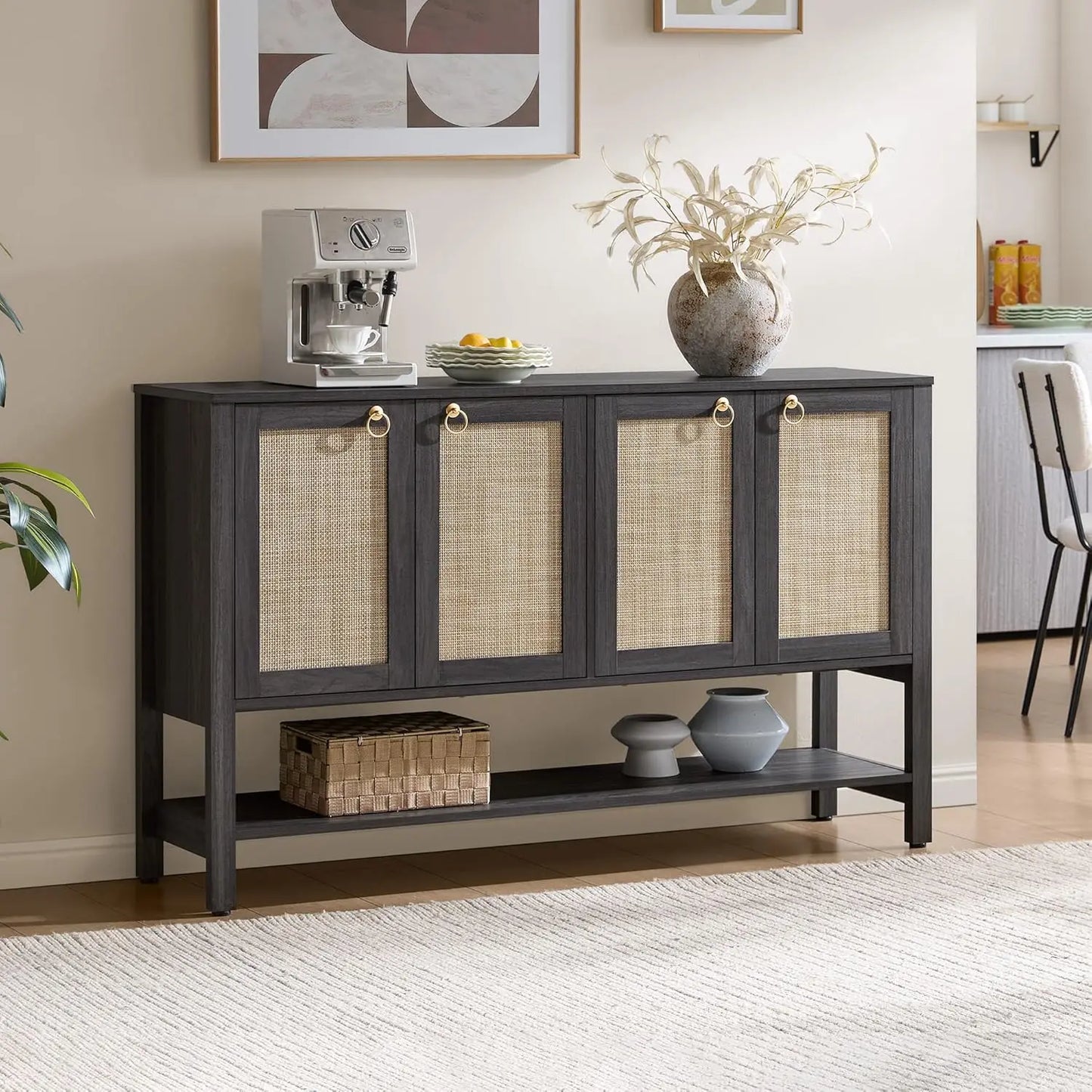 55" 4 Door Rattan Sideboard Buffet Cabinet with Open Storage - Loft&Timber