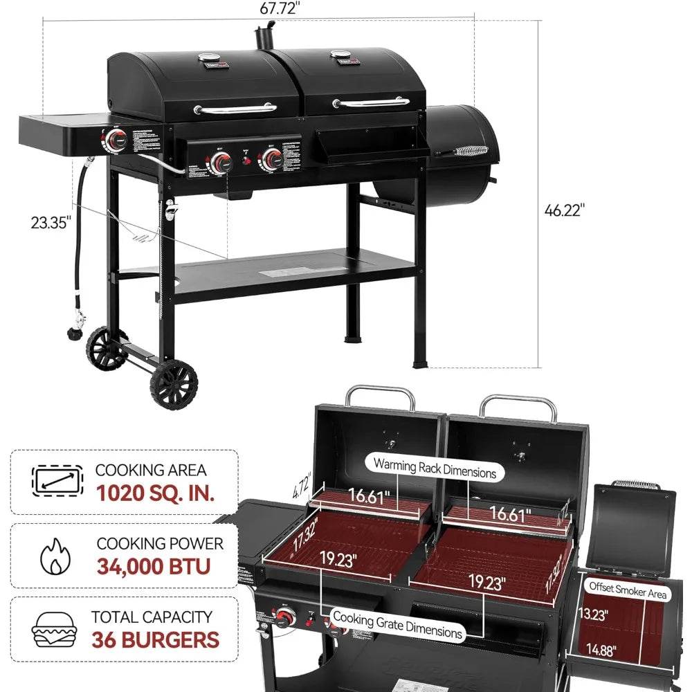 2-Burner Gas and Charcoal Combo Grill with Offset Smoker & Side Burner, 34,000 BTU Dual Fuel Grill, 1020 Sq. In. Cooking Area, I - Loft&Timber