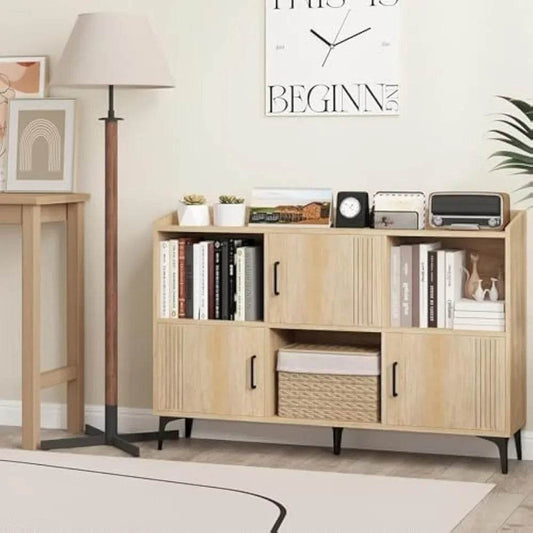 Sideboard with 3 Doors, 3 Open Compartments, Bookcase with 5 Raised Metal Legs - Loft&Timber