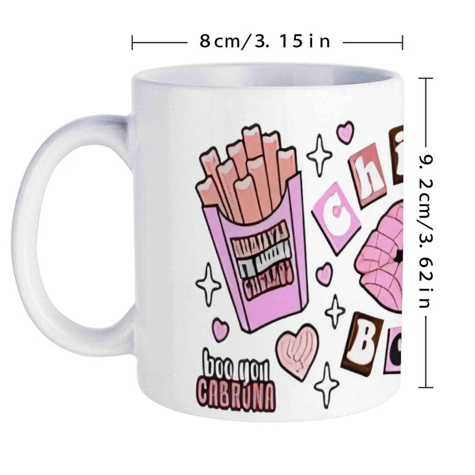 A Sticker With A Cup Of Coffee, French Fries And A Kiss On It Ceramic Mug, 330ml Coffee Cup - Loft&Timber