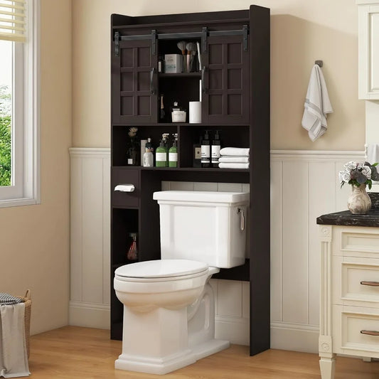 rustic over-the-commode storage with sliding doors for bathroom space efficiency