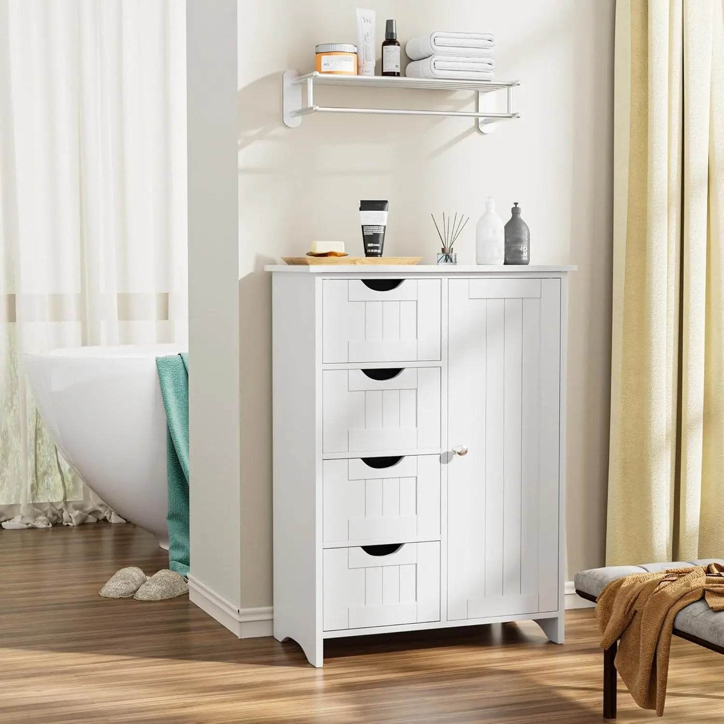 Bathroom Storage Cabinet, Floor Cabinet with 4 Drawers and 1 Adjustable Shelf (White) - Loft&Timber