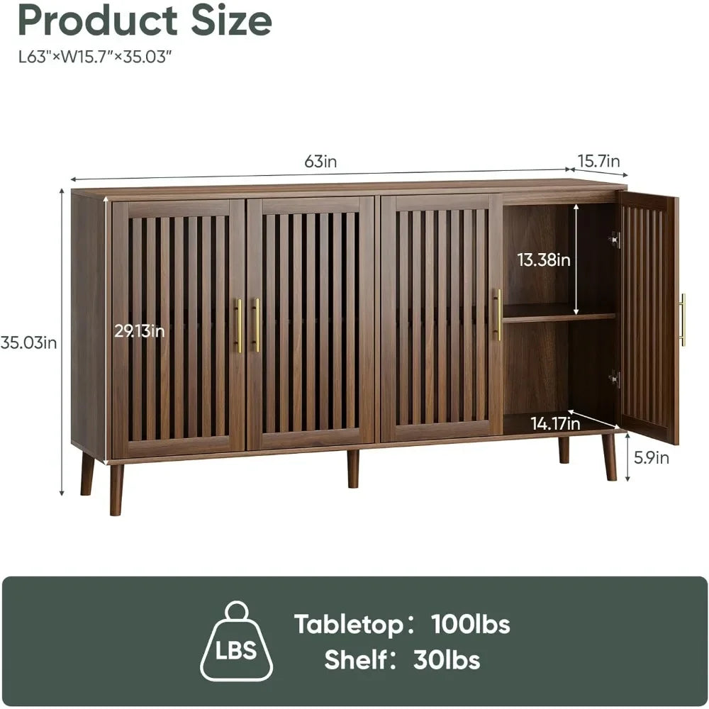 63" Long Sideboard Buffet with 4 Louvered Doors - Loft&Timber