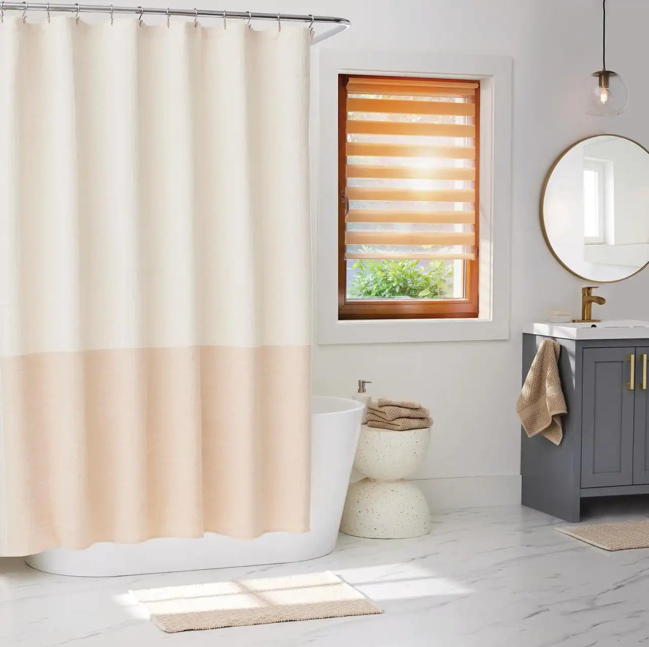 Gardens Tan Color Block Boucle Cotton/Poly Shower Curtain, 72" x 72"