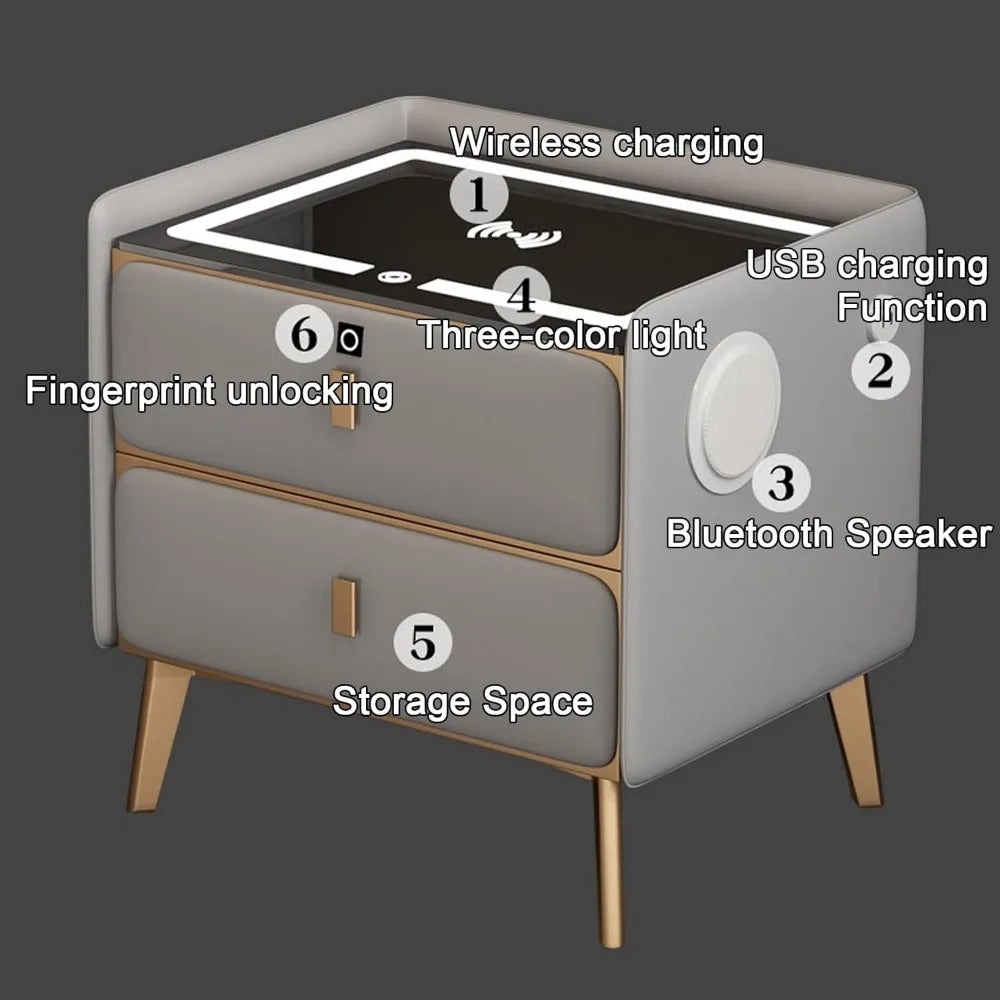 Modern Bluetooth Nightstand with LED Light, 2 Drawers, and Fingerprint Lock