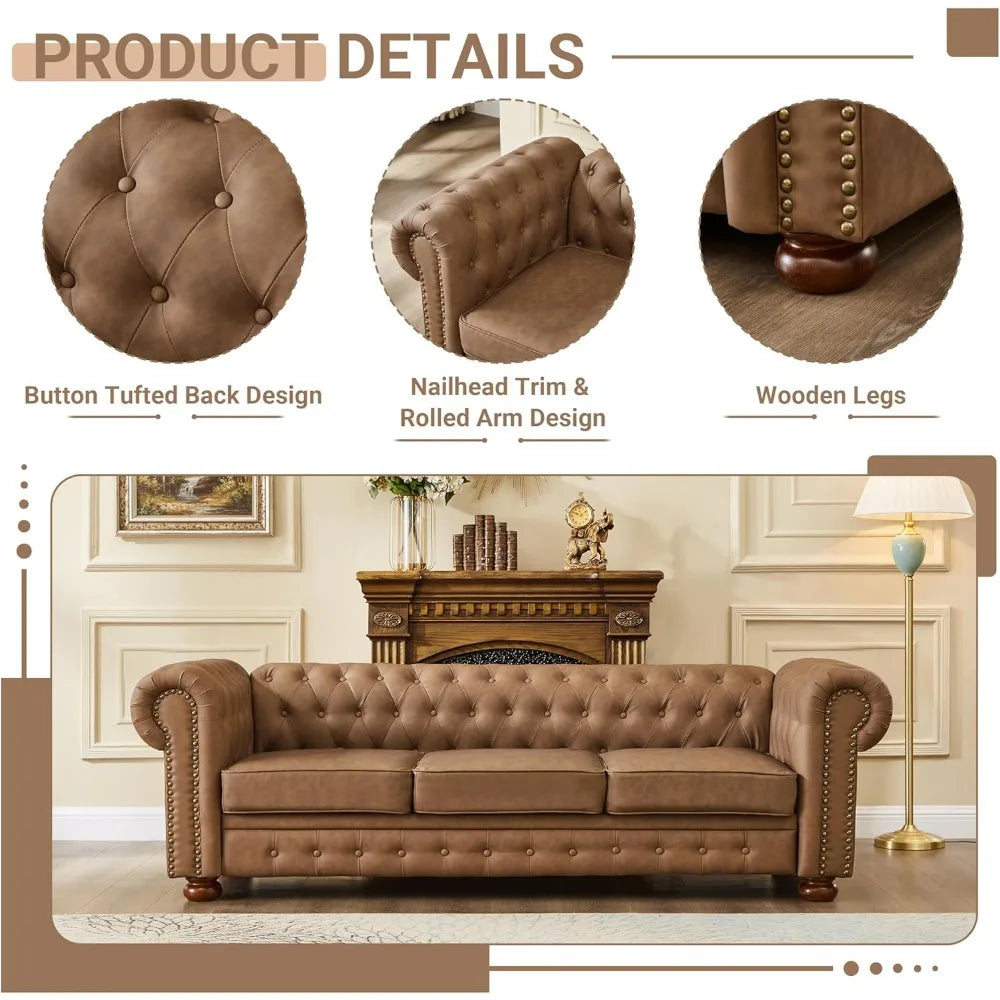 Chesterfield Leather Sofa, 89" Mid Century Modern Couch with Low Back - Loft&Timber