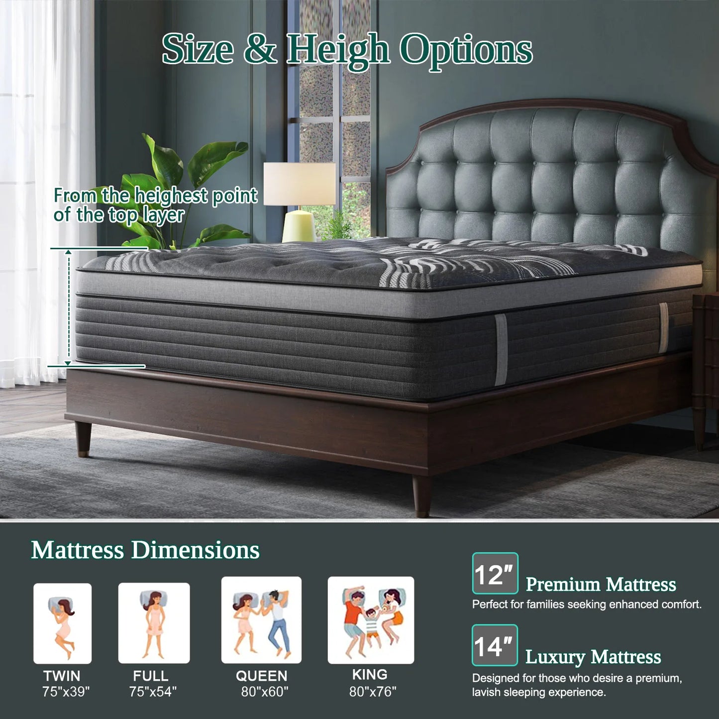 12"14" Twin Full Queen King Size Mattress in a Box Hybrid Spring Memory Foam