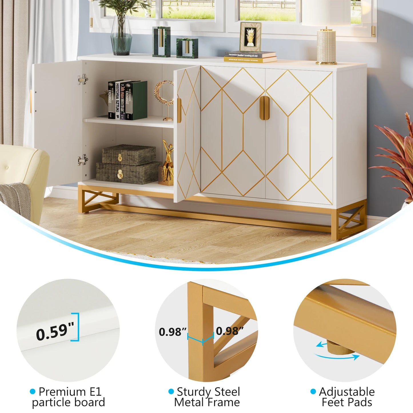 Tribesigns 59" White Gold Buffet Cabinet with Storage - Loft&Timber