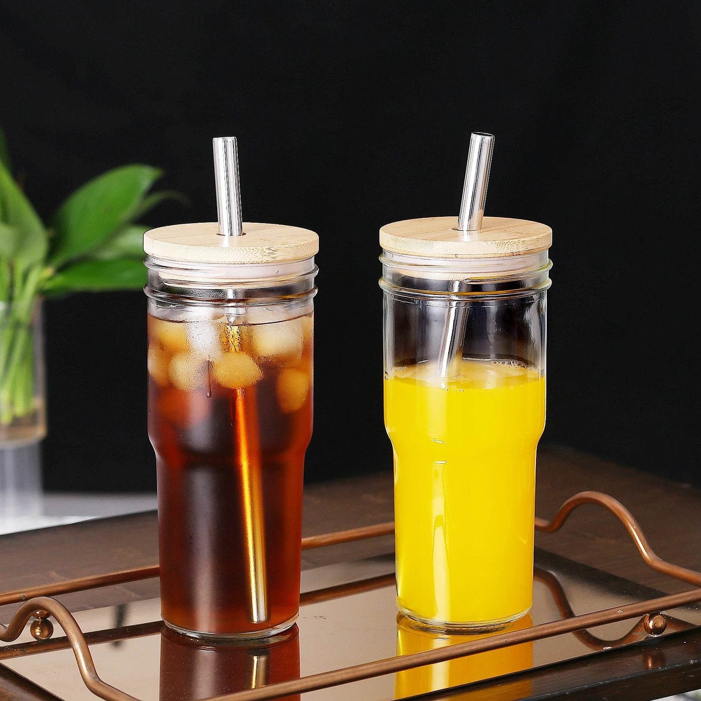 2pcs 24oz Reusable Iced Coffee Cups, Wide Mouth Glass with Bamboo Lid and Straw, Mason Jar - Loft&Timber
