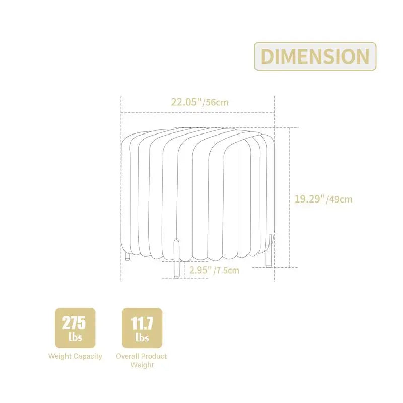 22.05" Wide Upholstered Round Pouf Ottoman with Black Metal Legs in Brown