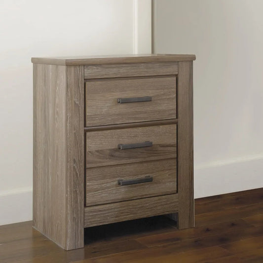 Ashley Zelen signature rustic modern two-drawer nightstand, 29.45" height, warm gray finish
