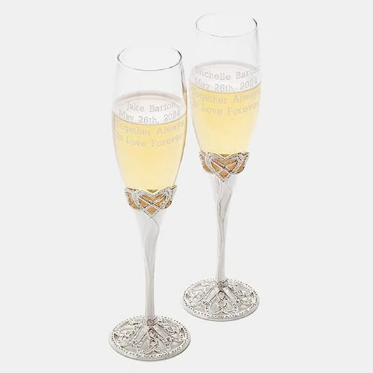 Personalized Infinity Heart Engraved Wedding Champagne Glass Flutes Set of 2