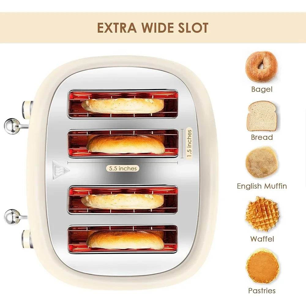 4 Slice Toaster Stainless Steel Retro Design Bagel Defrost Cancel Function 6 Settings Extra Wide Slot Removable Crumb