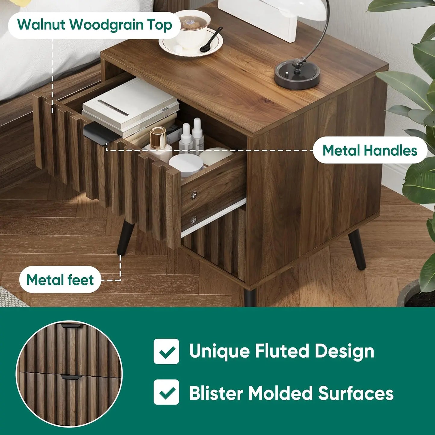 Walnut Wooden Night Stand, Mid Century Nightstand with 2 Fluted Drawers, Bedside Table with Metal Feet, Modern End Side Table fo