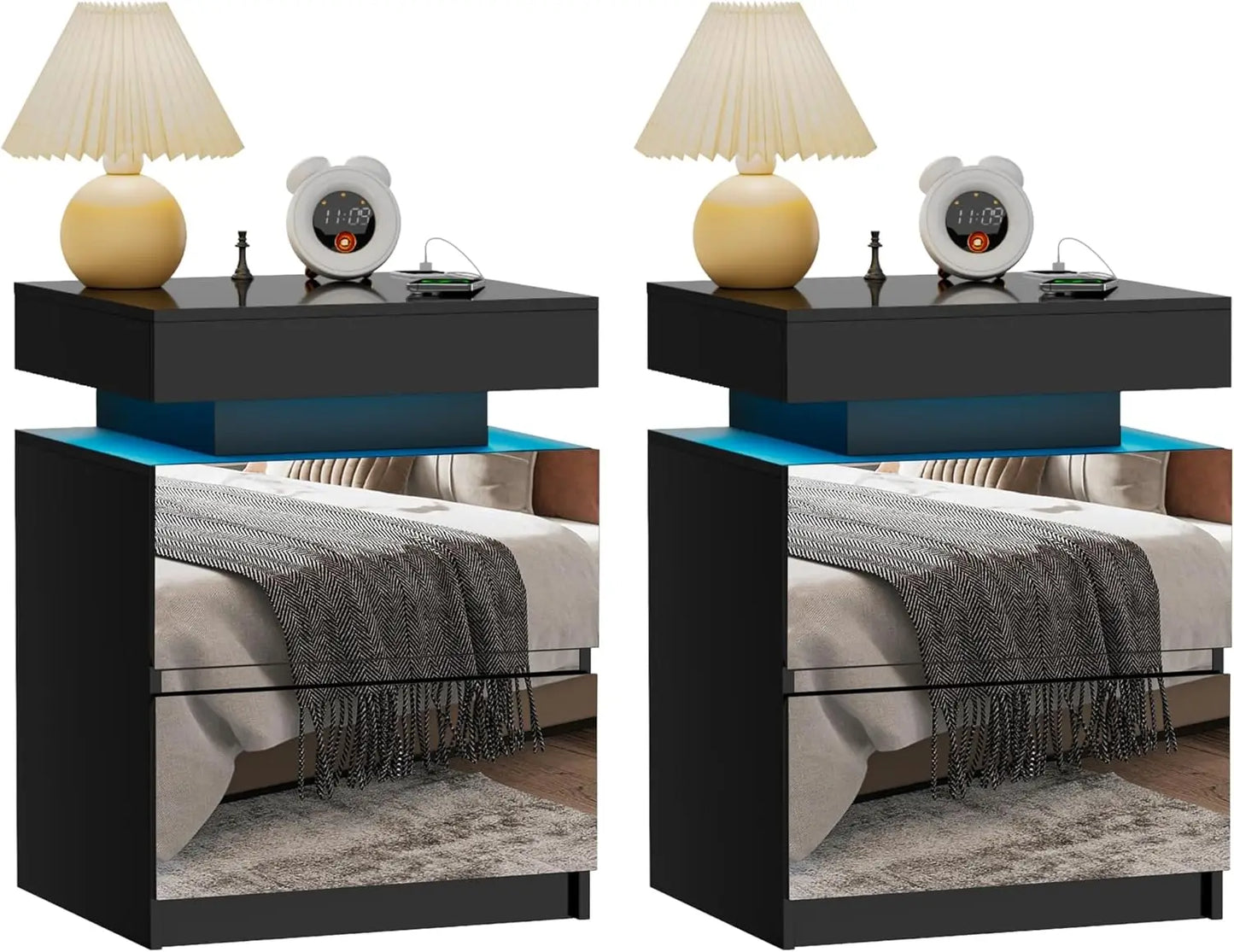 LED Nightstand Set of 2 - Bedside Table with Charging Station and 2 Mirrored Drawers Sliding Top with Magnetic Lock - Modern