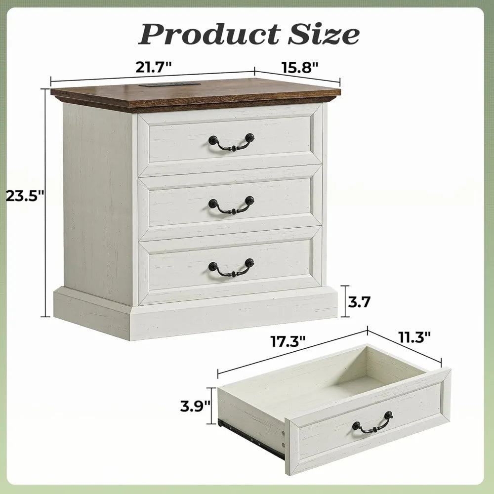 Nightstand with Charging Station, 3 Drawer Night Stand Set of 2, 22 Inch Wider Side Table with Storage, Farmhouse Nightstand wi