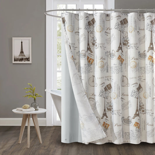 Contemporary Gray Paris Geometric Polyester Shower Curtain Set, 70 in x 72 in