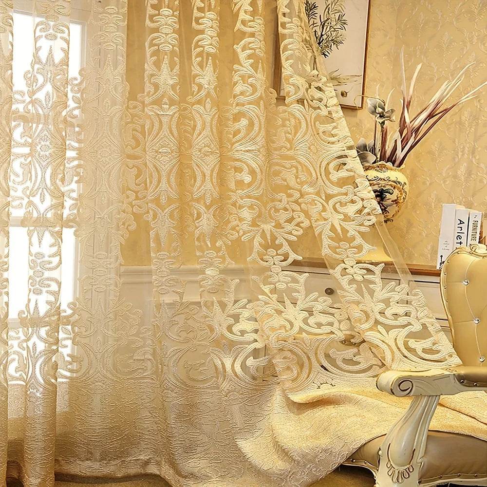 2pcs Luxury European Style Embroidered Curtain, Hollow Lace in Golden - Loft&Timber