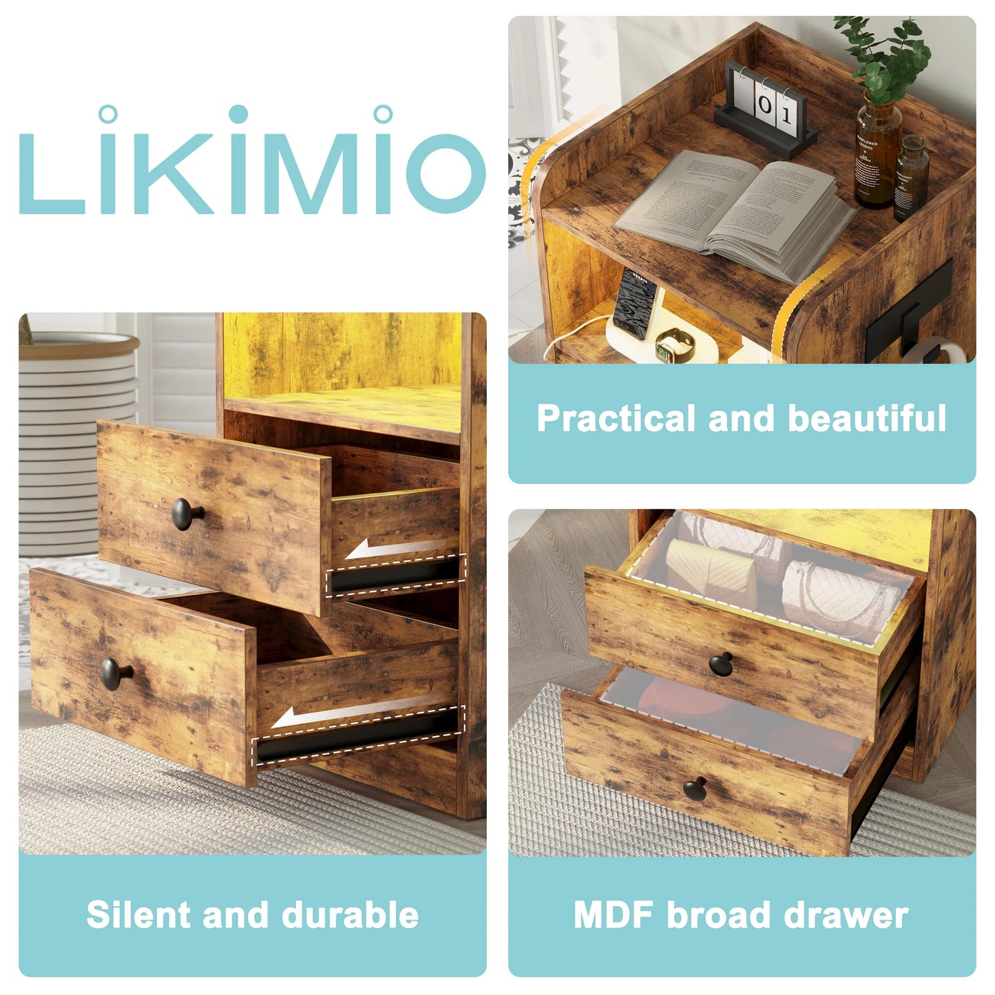 LIKIMIO Nightstand with LED, Charging Station & USB Ports, Night Table with 2 Drawers and Open Shelf, Adjustable Light, Vintage