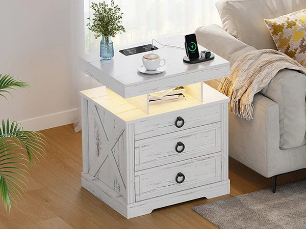 JDPAG Farmhouse Nightstand with Lockable Gun Drawer,3 Color Dimmable LED End Table with Charging Station,Bedside Table with Huma
