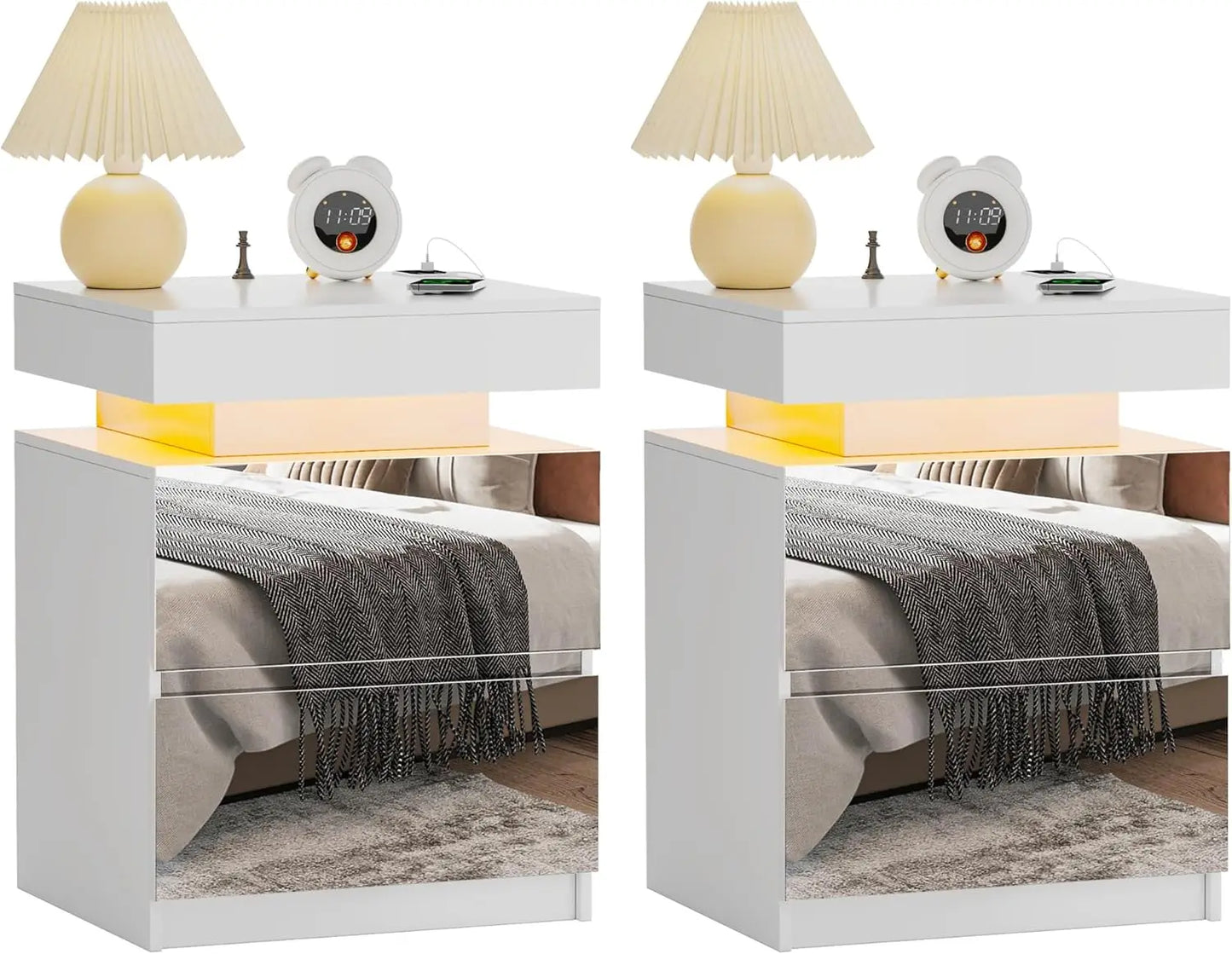 LED Nightstand Set of 2 - Bedside Table with Charging Station and 2 Mirrored Drawers Sliding Top with Magnetic Lock - Modern