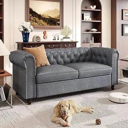 72 Inch Black Sofa, Chesterfield Faux Leather Couch with Wooden Legs - Loft&Timber