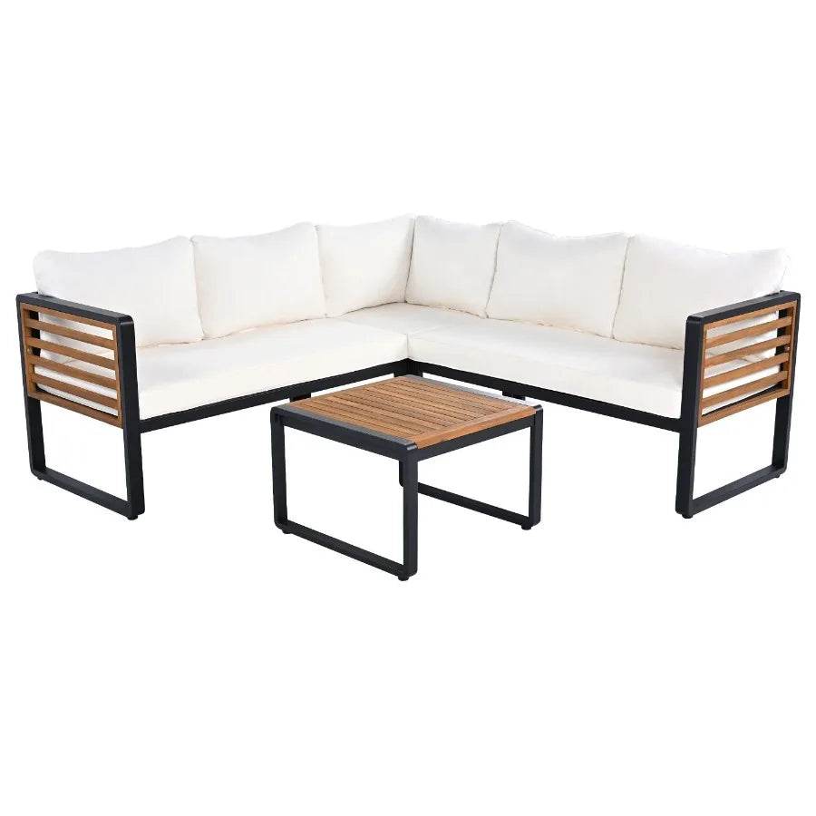 GO 4 Pieces Outdoor Patio Set Metal and Wood Frame Sectional with Soft Cushions & Coffee Table - Loft&Timber