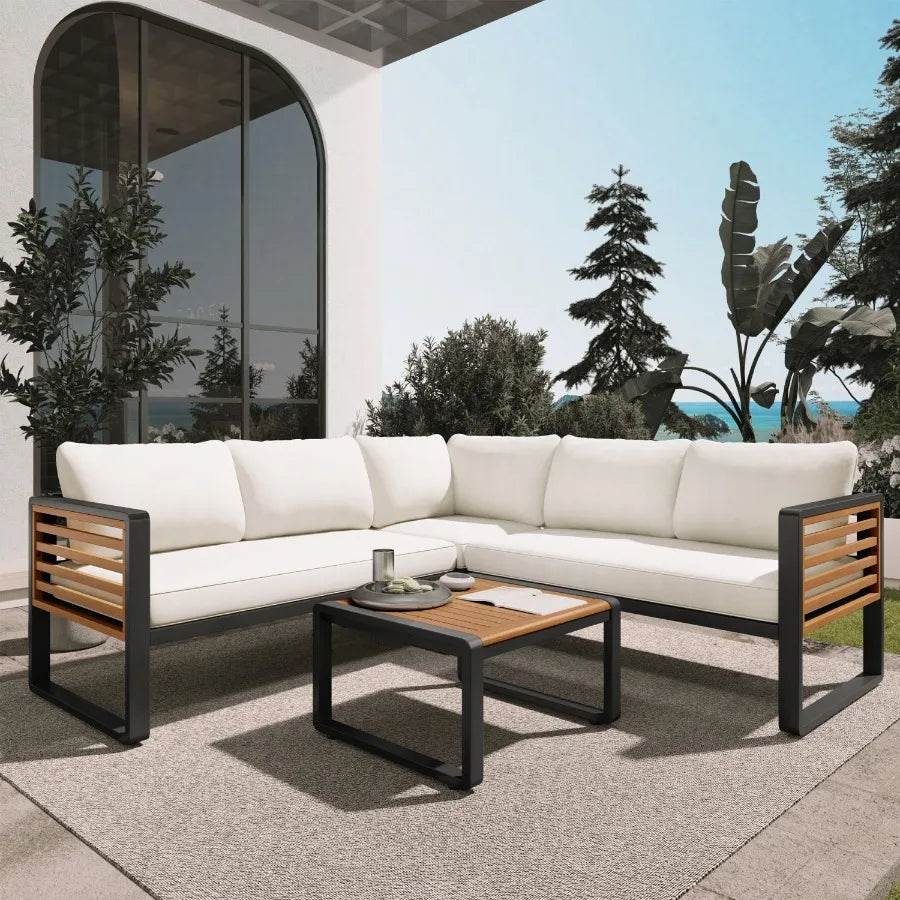GO 4 Pieces Outdoor Patio Set Metal and Wood Frame Sectional with Soft Cushions & Coffee Table - Loft&Timber