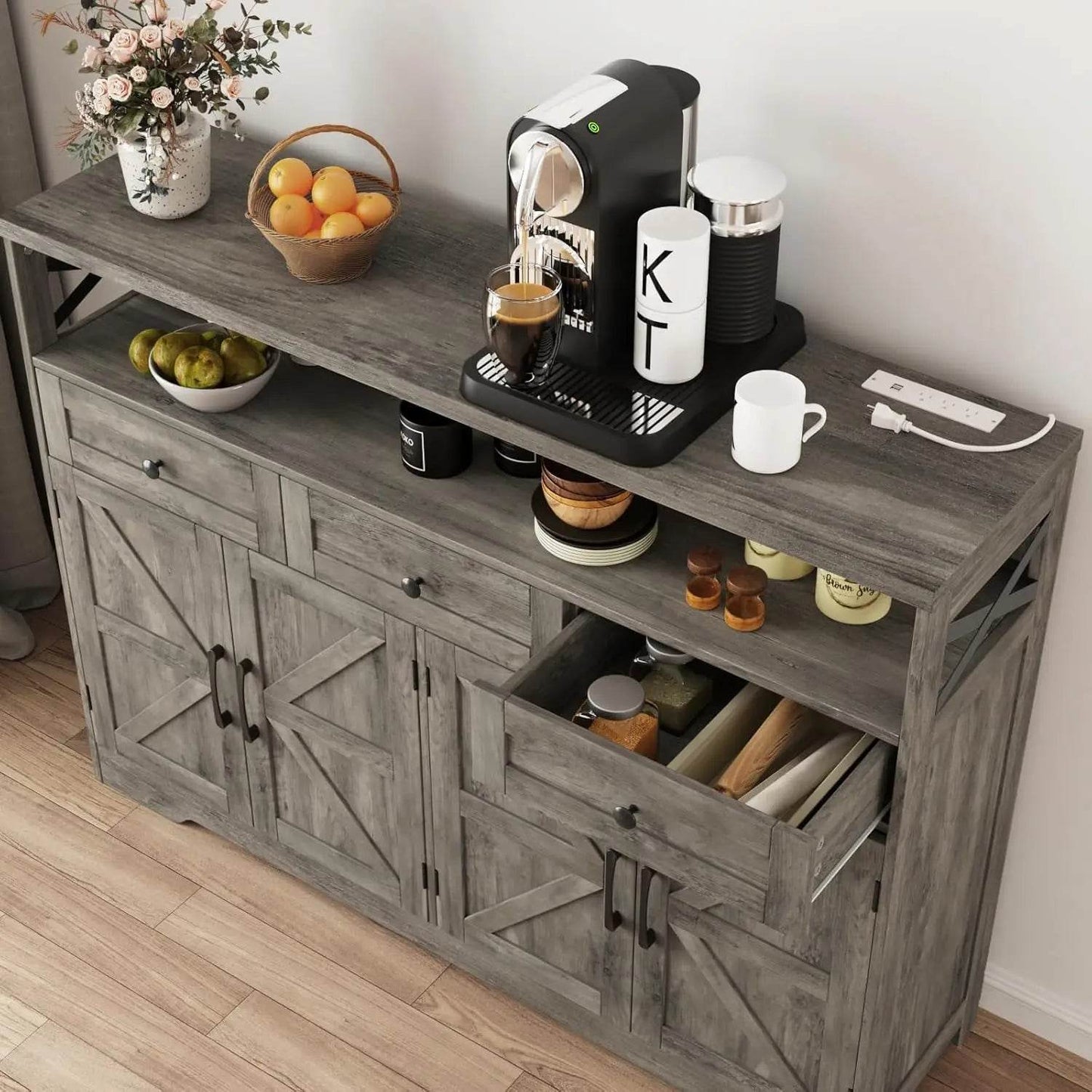 Vabches Sideboard Buffet Cabinet with Drawers & Charging Station - Loft&Timber