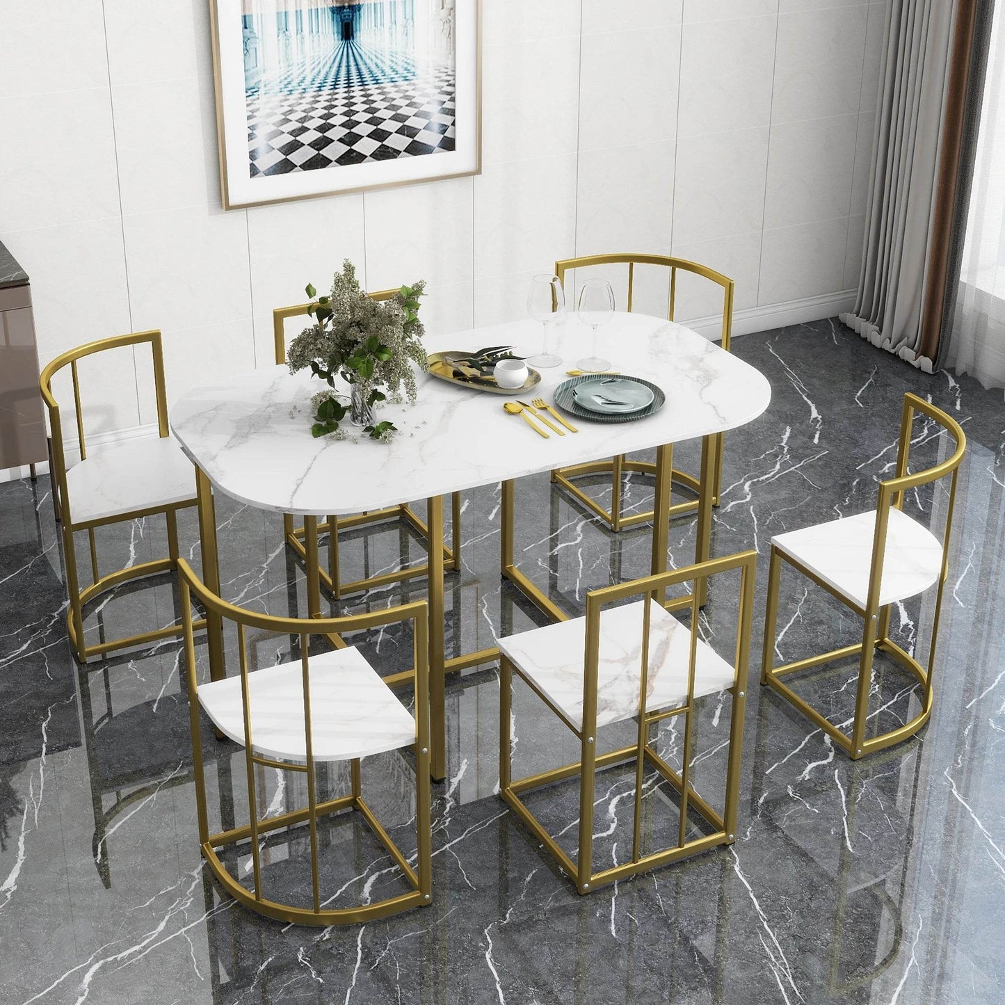 TOPMAX Modern 7-Piece Dining Table Set - Loft&Timber